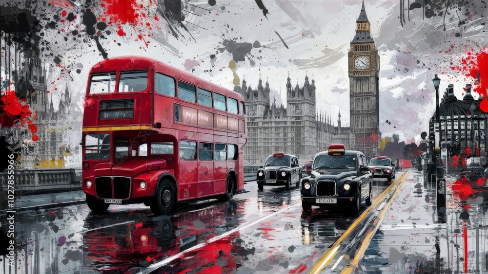 Artistic depiction of London street with red double-decker bus and Big Ben in background