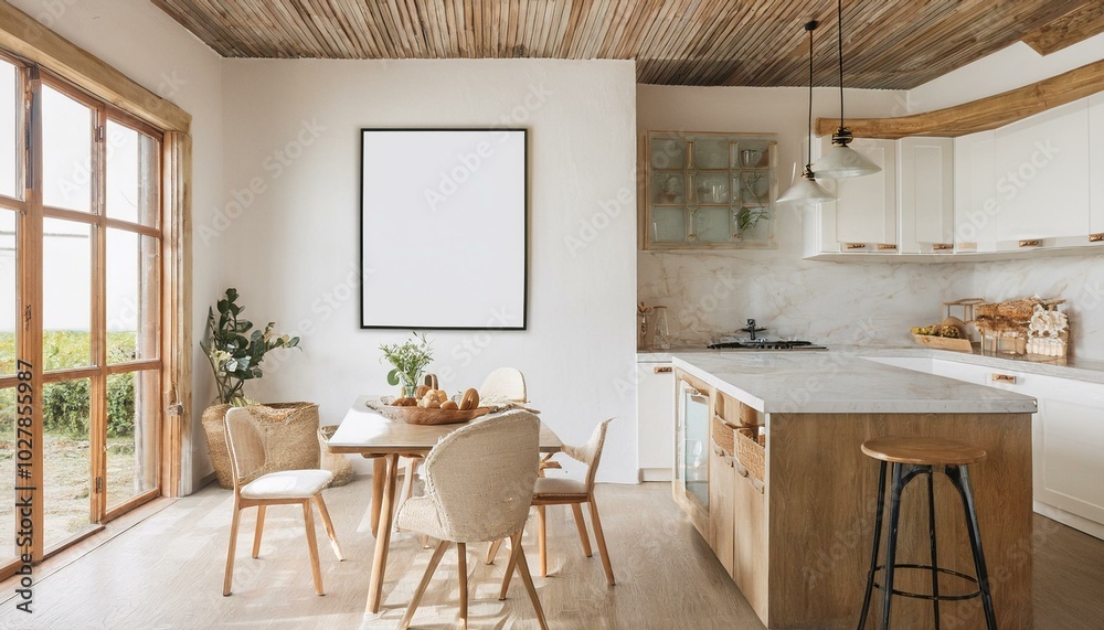 Fototapeta premium Mock up poster frame in kitchen interior, Farmhouse style, 3d render