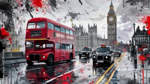 Obraz na płótnie Artistic depiction of London street with red double-decker bus and Big Ben in background w salonie