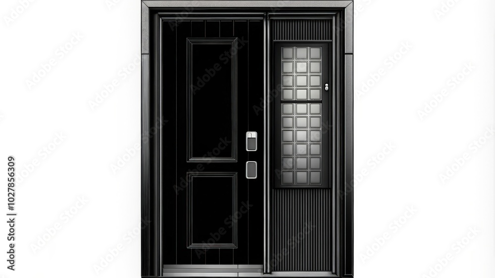 Modern Black Door with Glass Panel and Vertical Lines Modern Black Door with Glass Panel and Vertical Lines