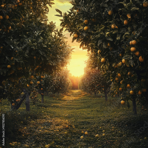 Cinematic photograph of trees covering the foreground, as a product photo will be placed in the middle. Featuring fruit trees, fruits, and crops, with sunlight from a sunset in the background. Filmed 