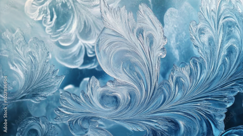 A beautiful, frosty design on a winter window. The icy blue pattern looks like a cool wallpaper. A beautiful, frosty design on a winter window. The icy blue pattern looks like a cool wallpaper.
