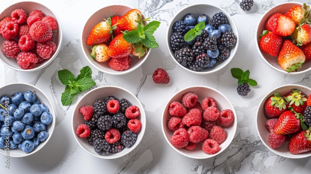 A selection of colorful, fresh berries, displayed in small bowls on a white table. Sweet, nutritious, and delicious A selection of colorful, fresh berries, displayed in small bowls on a white table. Sweet, nutritious, and delicious