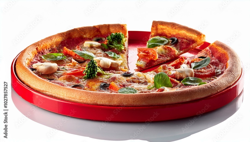 pizza cut on red tray pizza cut on red tray