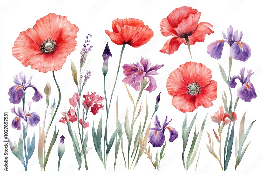 Fototapeta premium A vibrant collection of watercolor flowers, including poppies and irises, showcasing nature's beauty and colors.