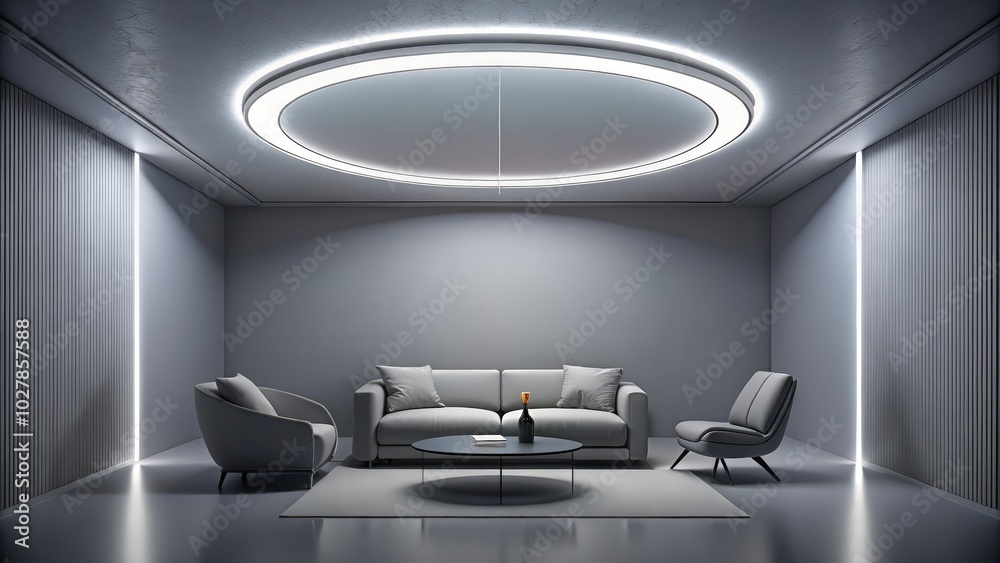 Minimalist Living Room with a Circular Ceiling Light and Gray Furniture Minimalist Living Room with a Circular Ceiling Light and Gray Furniture