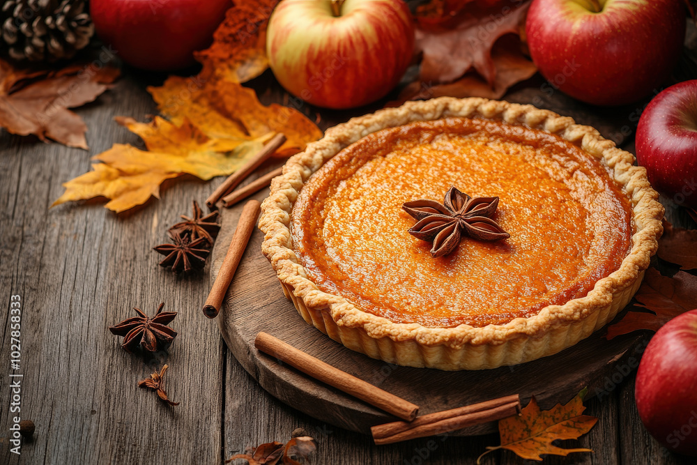 Delicious Autumn Apple Pie on Wooden Table Delicious Autumn Apple Pie on Wooden Table