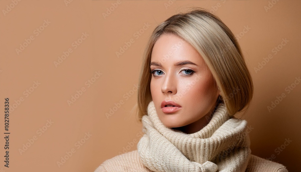 sad stylish woman isolated on beige wrapped in collar sad stylish woman isolated on beige wrapped in collar