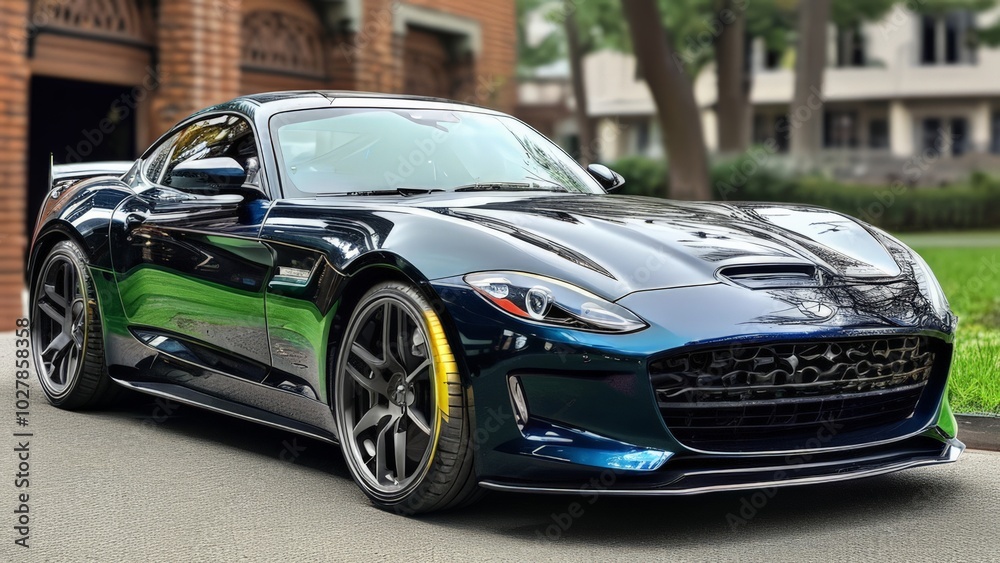 Sleek sports car parked on street with reflective black paint Sleek sports car parked on street with reflective black paint