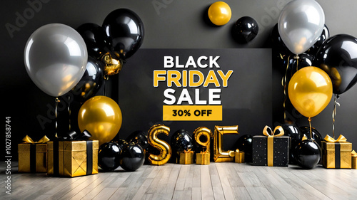 Black Friday Sale and balloon decoration discounts banner background