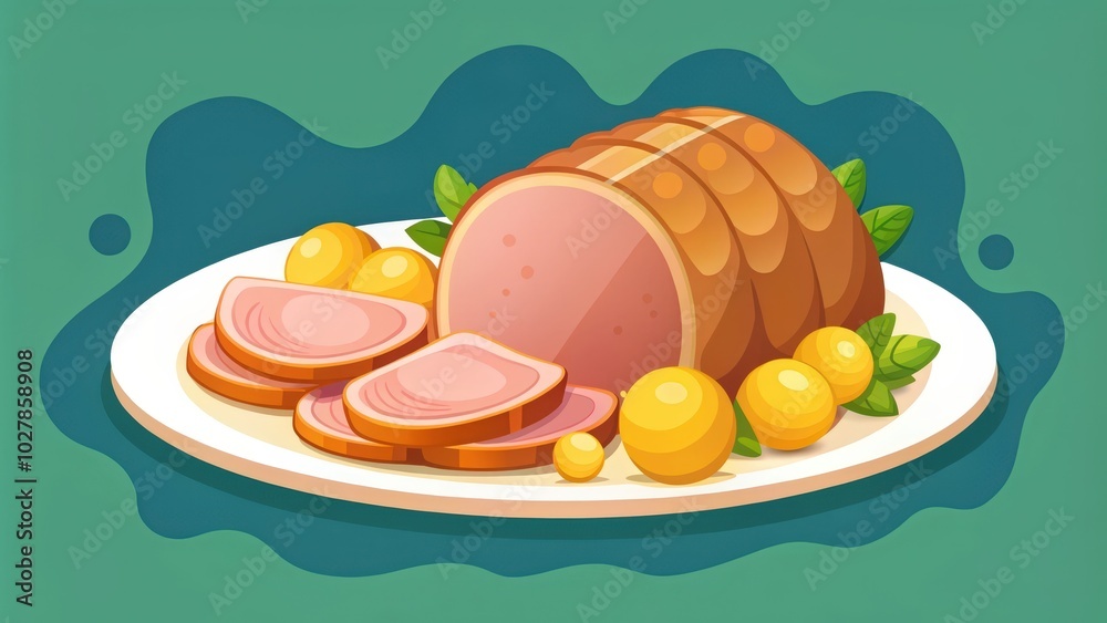 Roasted Ham with Slices and Potatoes on a Plate Roasted Ham with Slices and Potatoes on a Plate