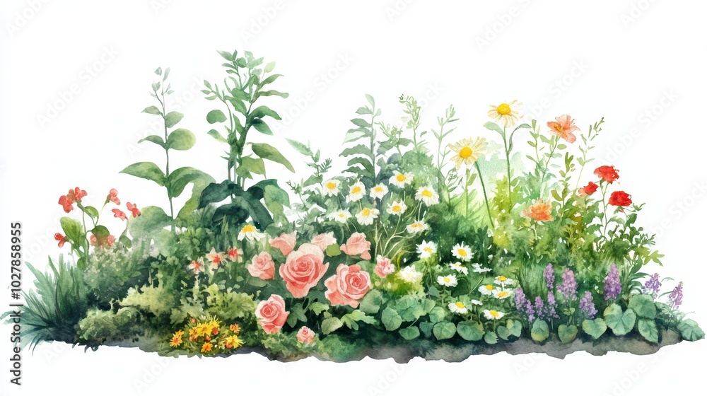 A vibrant watercolor illustration of various flowers, showcasing the beauty of nature and garden aesthetics.
