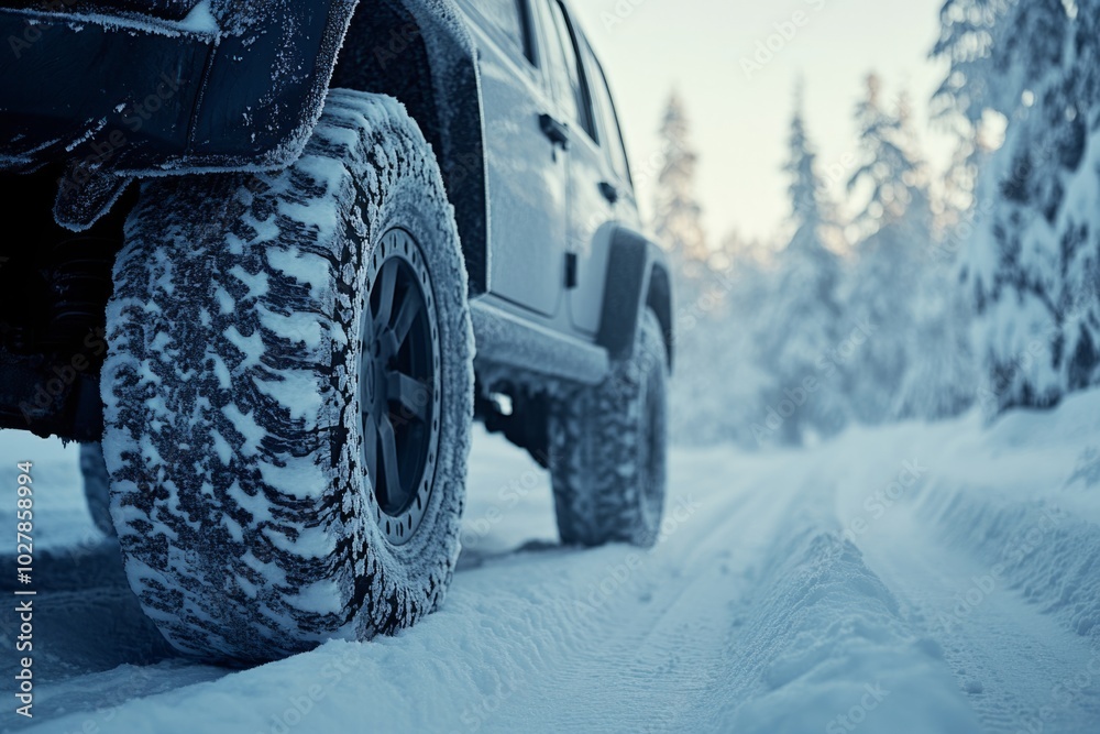 Close-up of car tire covered with snow standing on snowy road at winter day Close-up of car tire covered with snow standing on snowy road at winter day