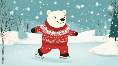 Flat illustration cute polar bear in red festive sweater ice skating and enjoying the snowy landscape 