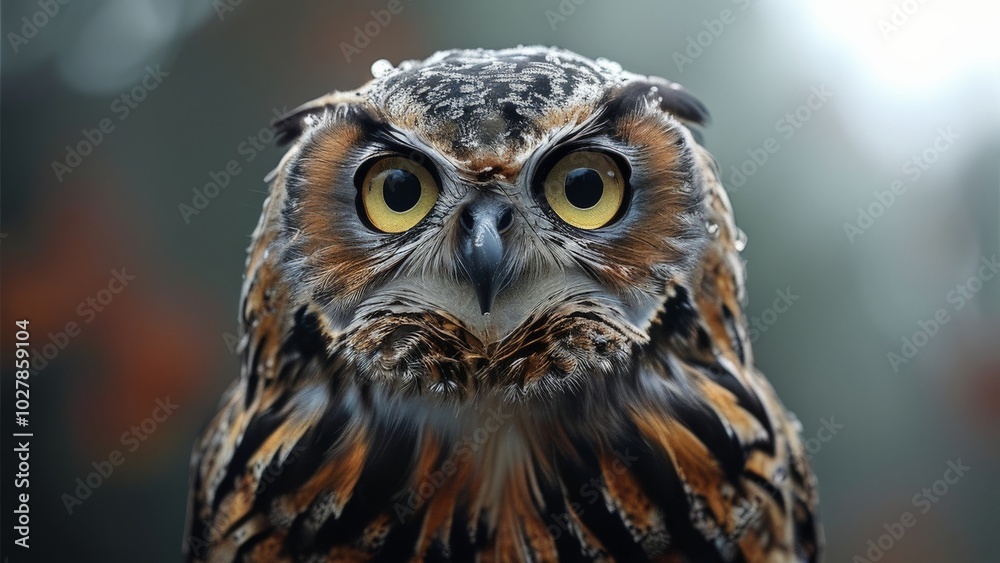 Close-up portrait of an eagle owl with intense yellow eyes and detailed feathers Close-up portrait of an eagle owl with intense yellow eyes and detailed feathers
