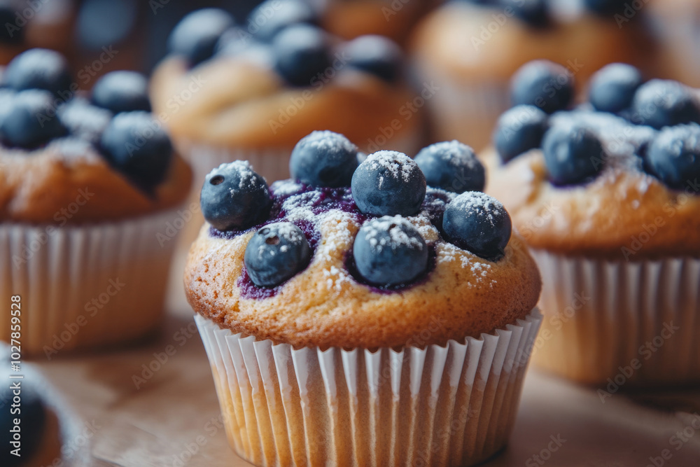 Blueberry muffins topped with fresh blueberries and icing sugar sitting on cafe counter Blueberry muffins topped with fresh blueberries and icing sugar sitting on cafe counter