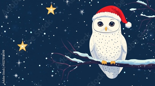 Flat illustration style cute white polar owl perched on a snowy branch, wearing a Santa hat and surrounded by sparkling stars