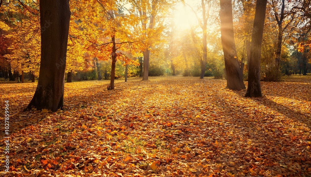 Fototapeta premium sunny autumn day with beautiful yellow fall foliage in the park ground covered in dry fallen leaves lit by sunlight colorful forest autumn landscape with trees and sun natural background
