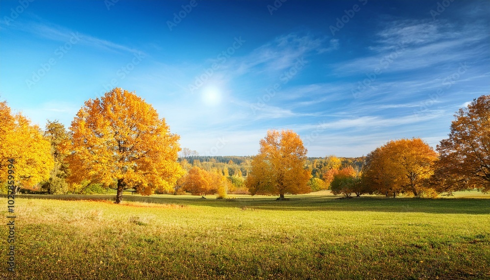 Fototapeta premium sunny autumn landscape with golden trees and blue sky in countryside