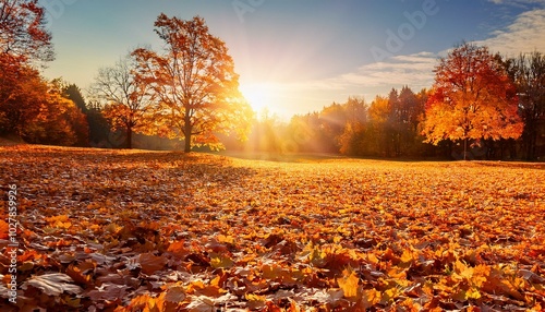 Wallpaper Mural sunny autumn day with beautiful orange fall foliage ground covered in dry fallen leaves lit by bright sunlight autumn landscape with maple trees and sun natural background Torontodigital.ca