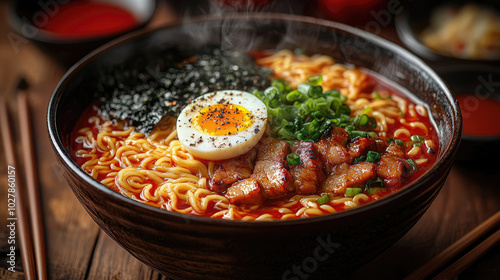 Spicy Ramen Noodles with Pork, Egg, and Seaweed photo