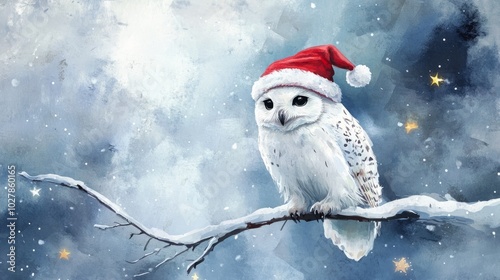 Cartoon cute white polar owl perched on a snowy branch, wearing a Santa hat and surrounded by sparkling stars