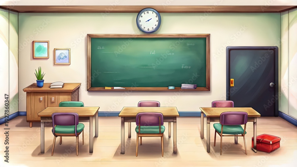 Fototapeta premium Empty Classroom with Three Desks and a Chalkboard