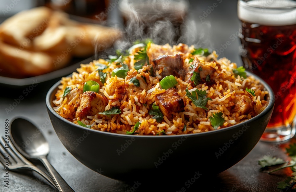 Delicious Chicken Biryani with Hot Steam and Refreshing Cola Delicious Chicken Biryani with Hot Steam and Refreshing Cola