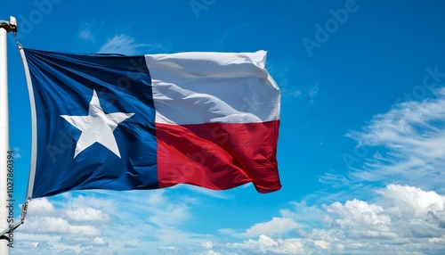 texas state flag on the pole waving in the wing against blue sky and white clouds photo