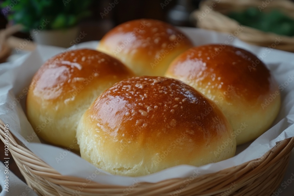 Freshly baked homemade brioche buns cooling in a basket