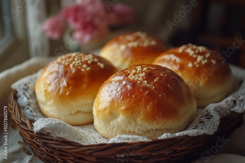 Freshly baked homemade brioche buns cooling in a basket