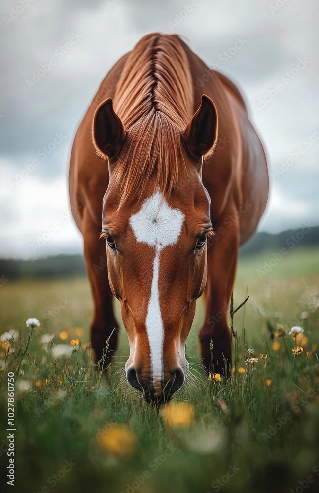 Obraz premium Grazing Brown Horse with White Markings at Equestrian Farm