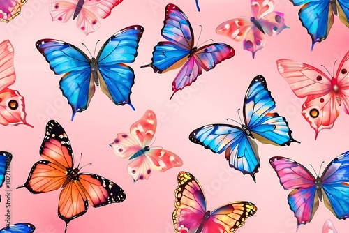A group of butterflies on a pink background
