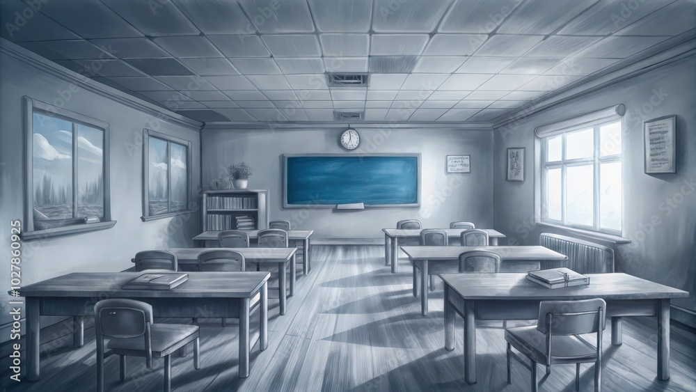 An Empty Classroom with Desks and Chairs An Empty Classroom with Desks and Chairs