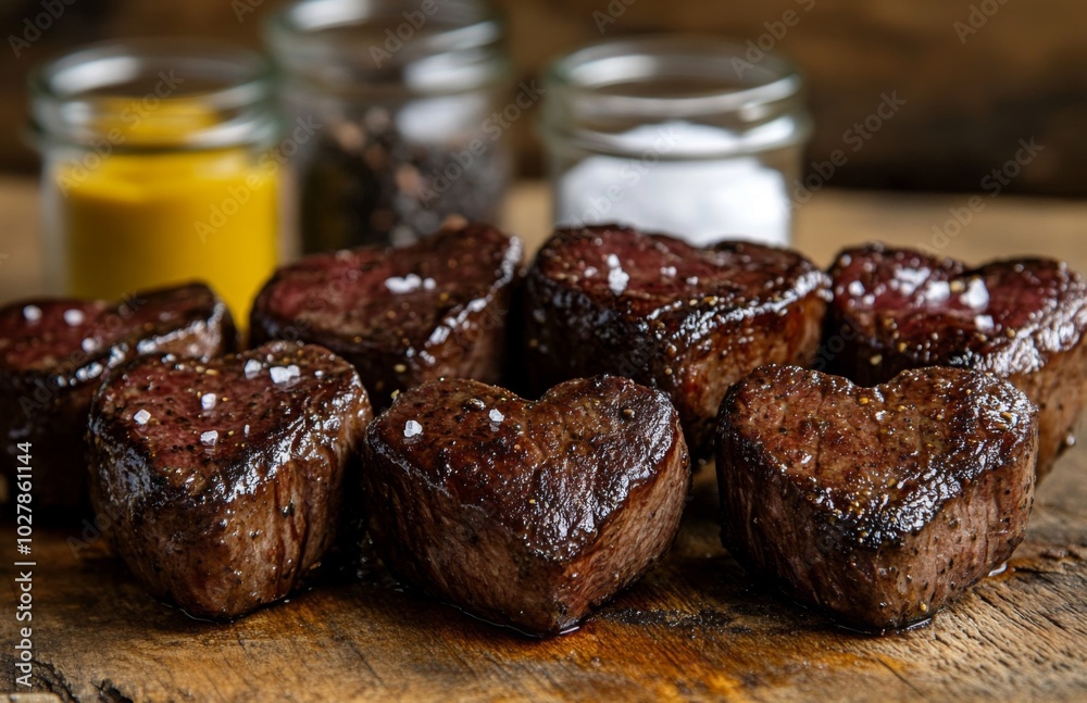 Heart shaped beef fillet skewers with salt and mustard on wooden table Heart shaped beef fillet skewers with salt and mustard on wooden table