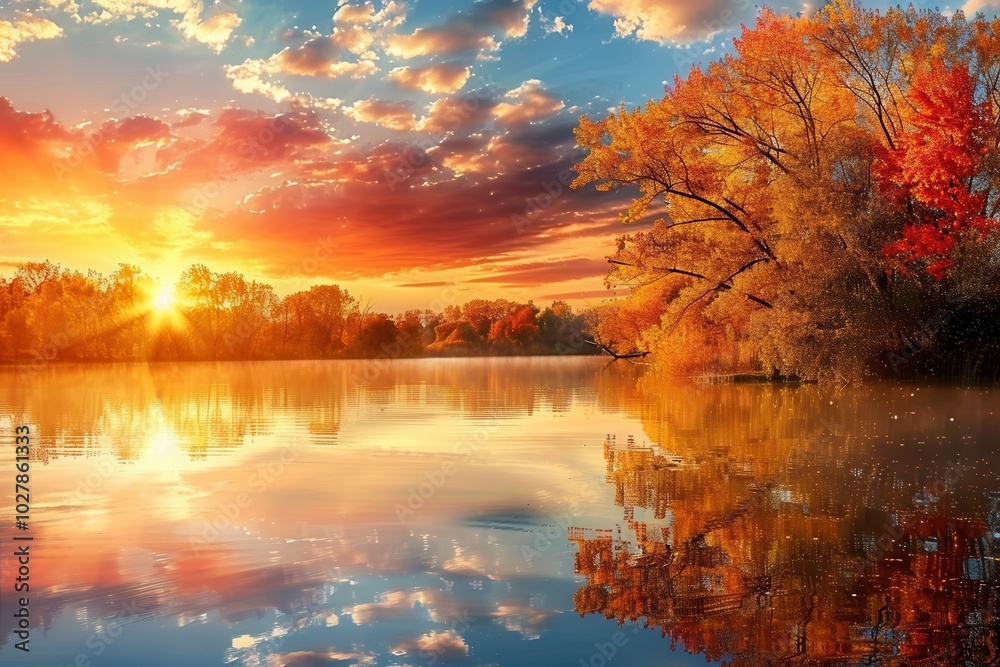 The sky bursts with colors as the sun sets over calm waters, surrounded by trees dressed in autumn foliage, creating a serene atmosphere. Generative AI The sky bursts with colors as the sun sets over calm waters, surrounded by trees dressed in autumn foliage, creating a serene atmosphere. Generative AI