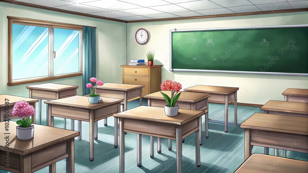 Empty Classroom with Wooden Desks and Flowers Empty Classroom with Wooden Desks and Flowers
