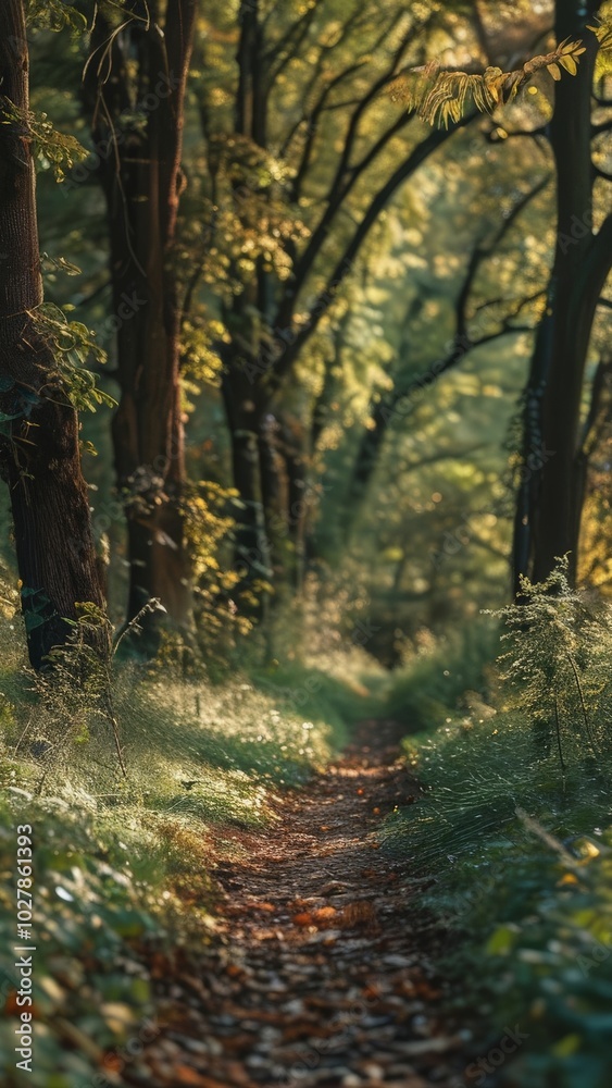 Obraz premium Sunlit forest path with tall trees and overgrown foliage, dappled sunlight creating a peaceful atmosphere