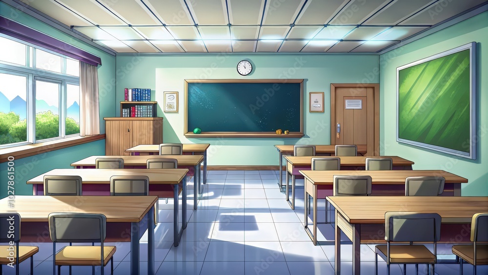An Empty Classroom with Desks and Chairs An Empty Classroom with Desks and Chairs