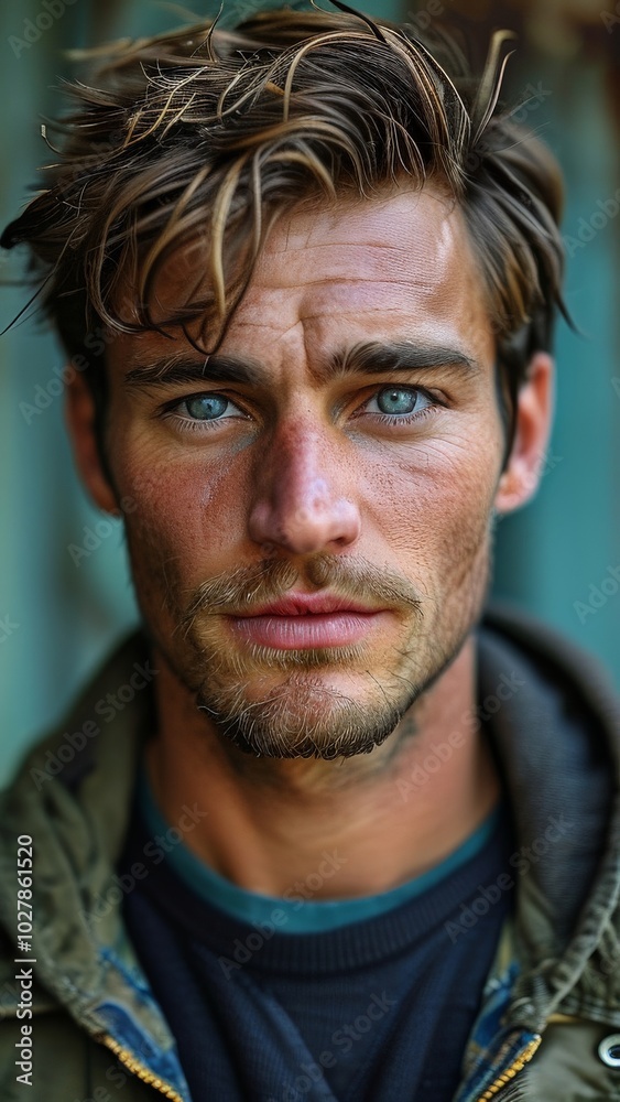 Fototapeta premium Portrait of handsome man with blue eyes and intense gaze in casual setting