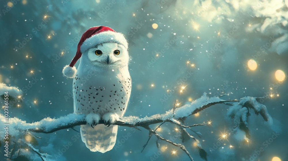 Obraz premium Cartoon cute white polar owl perched on a snowy branch, wearing a Santa hat and surrounded by sparkling stars