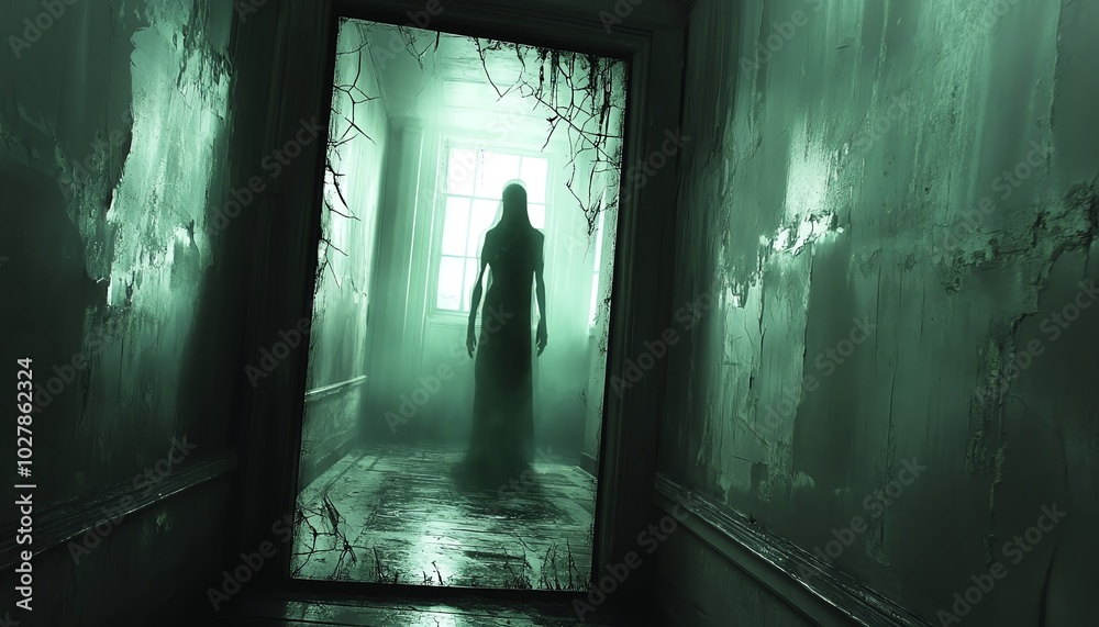 A haunting silhouette stands in a dimly lit hallway, evoking a chilling atmosphere of mystery and suspense.