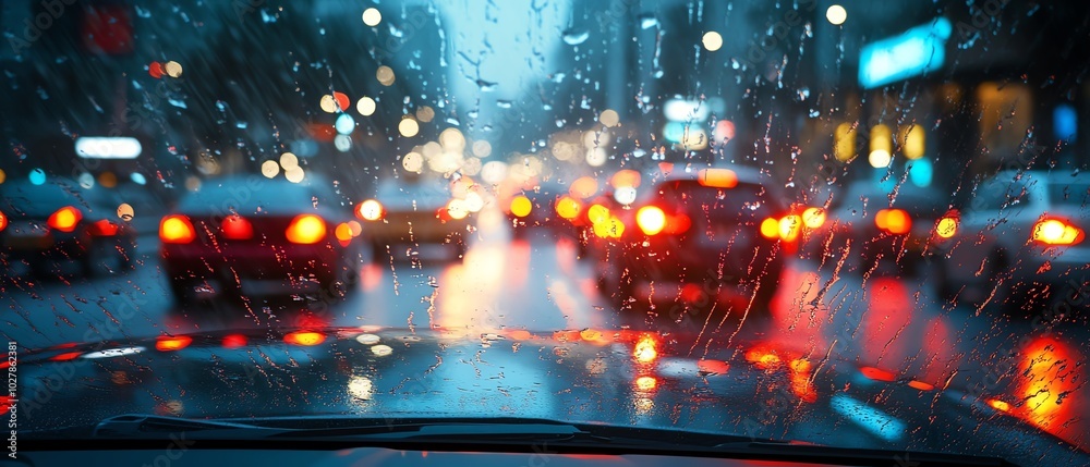 A rainy night scene captured from a car, showcasing blurred lights and traffic through a wet windshield. A rainy night scene captured from a car, showcasing blurred lights and traffic through a wet windshield.