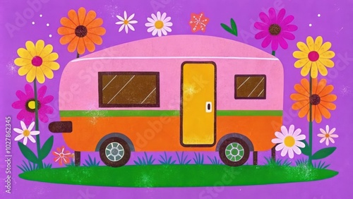 A Pink Camper Van Surrounded by Colorful Flowers on a Purple Background