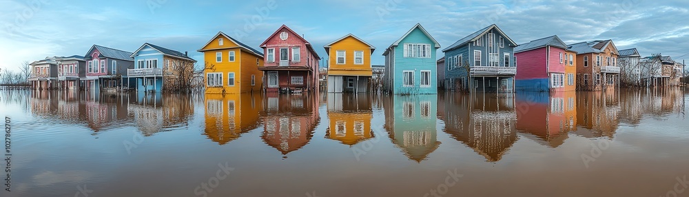 Colorful houses reflected in floodwaters, showcasing vibrant architecture and serene water landscape at dawn. Colorful houses reflected in floodwaters, showcasing vibrant architecture and serene water landscape at dawn.