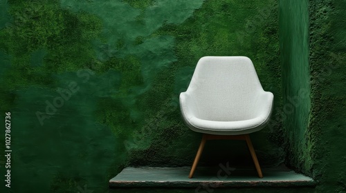A white chair with wooden legs is placed against a vibrant green textured wall, creating a striking contrast and a modern minimalist aesthetic in an interior design.