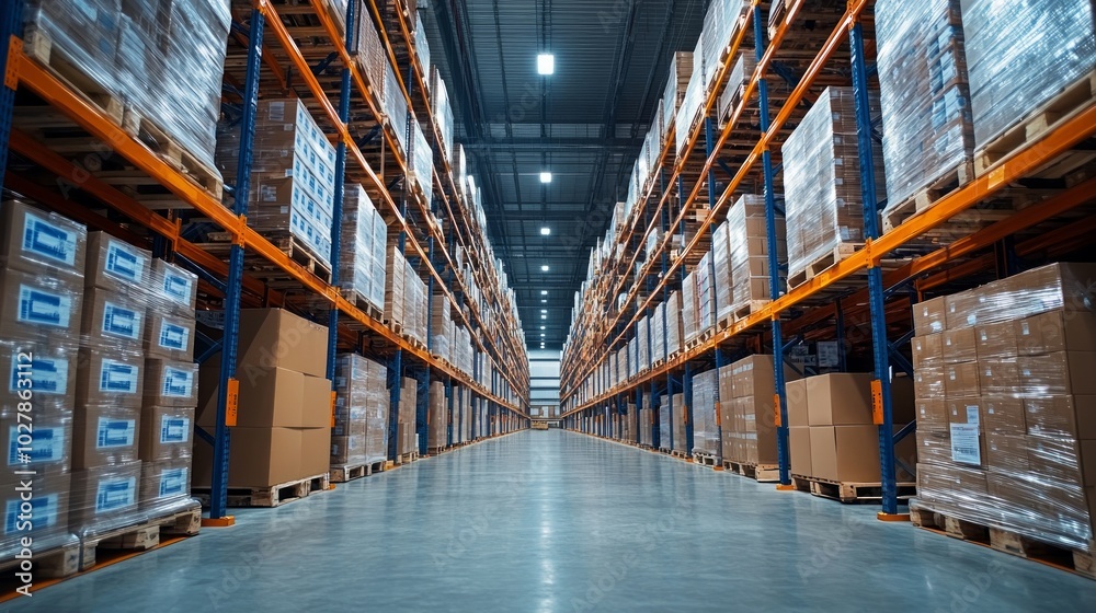 A spacious warehouse filled with stacked boxes on shelves, designed for storage and logistics. A spacious warehouse filled with stacked boxes on shelves, designed for storage and logistics.