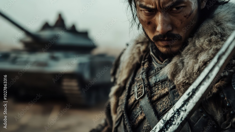 A fierce and focused fur-clad warrior, hardened by battle, grips a glinting sword, with a menacing tank looming in a desolate background. A fierce and focused fur-clad warrior, hardened by battle, grips a glinting sword, with a menacing tank looming in a desolate background.