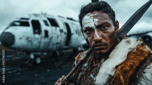 The determined warrior stands with intense eyes and tribal markings while gripping a spear before an abandoned airplane, exuding courage and strength amid decay.