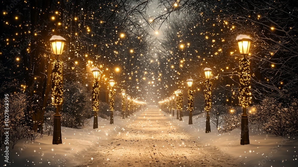Snowy Street with Garlands and Streetlamps in Winter Scene Snowy Street with Garlands and Streetlamps in Winter Scene